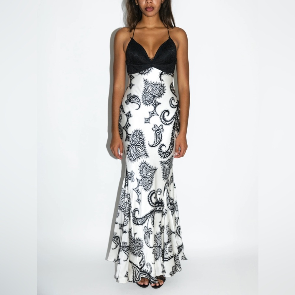 Mary L. Couture Black and White Paisley Maxi Dress